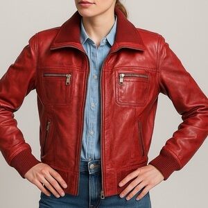 Transmission Aviator Bomber Jacket Vintage Distressed Leather Moto Red M/L